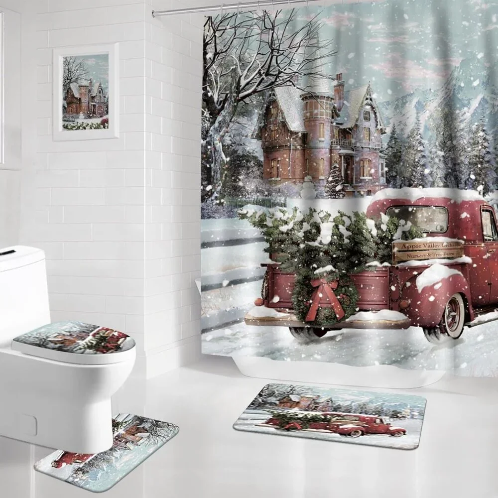 Luxurious 4-Piece Xmas Bath Set – Non-Slip Rugs, U-Shaped Mat & Curtain, 72x72